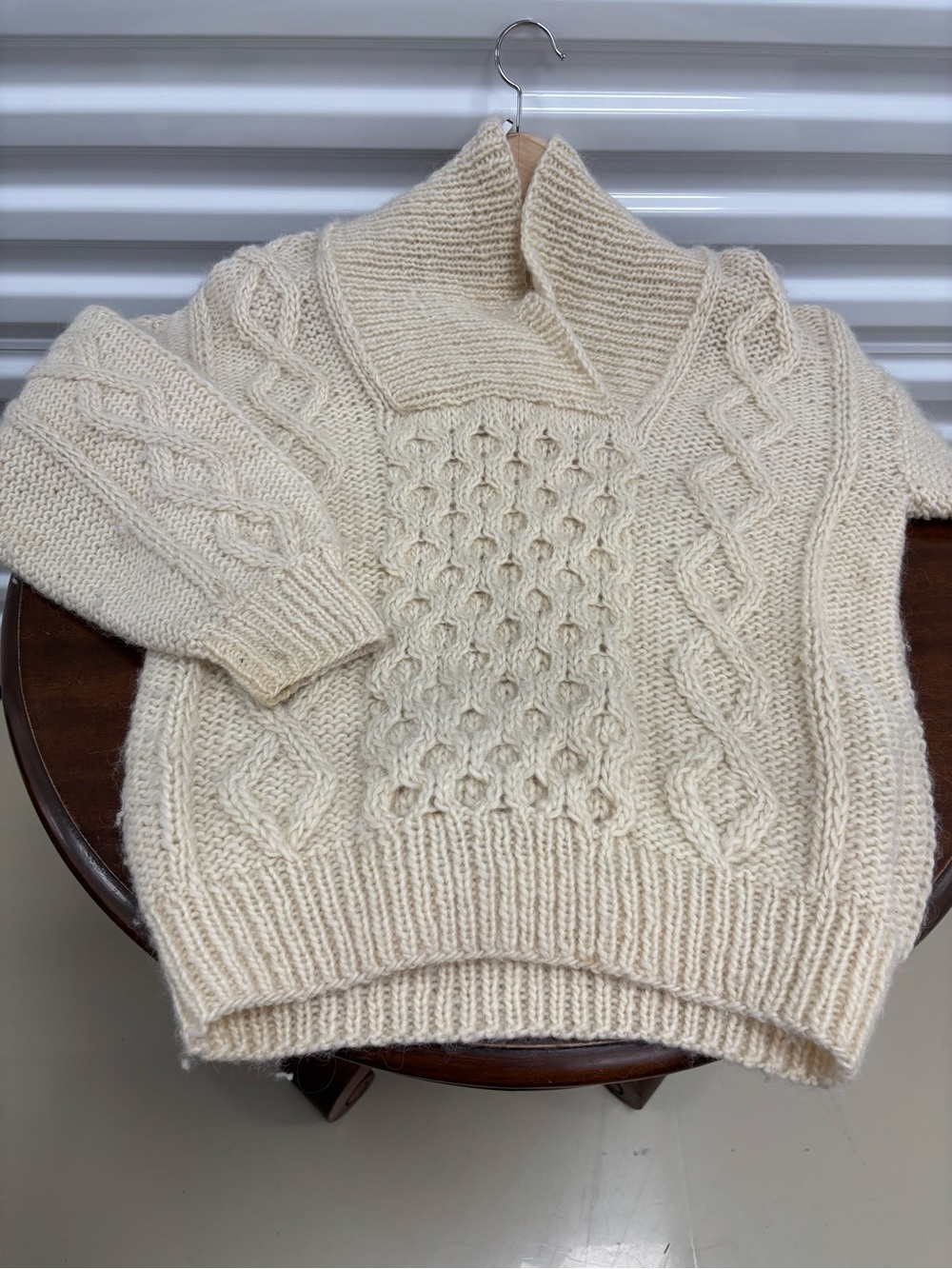 Cream Cable-Knit Shawl Collar Sweater